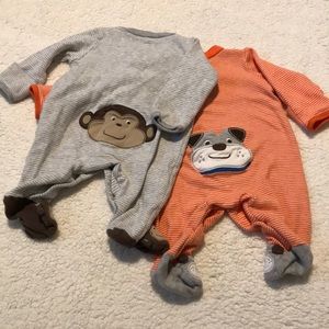 Carter’s pajama/romper/onesie lot with monkey & bulldog on back Size NB